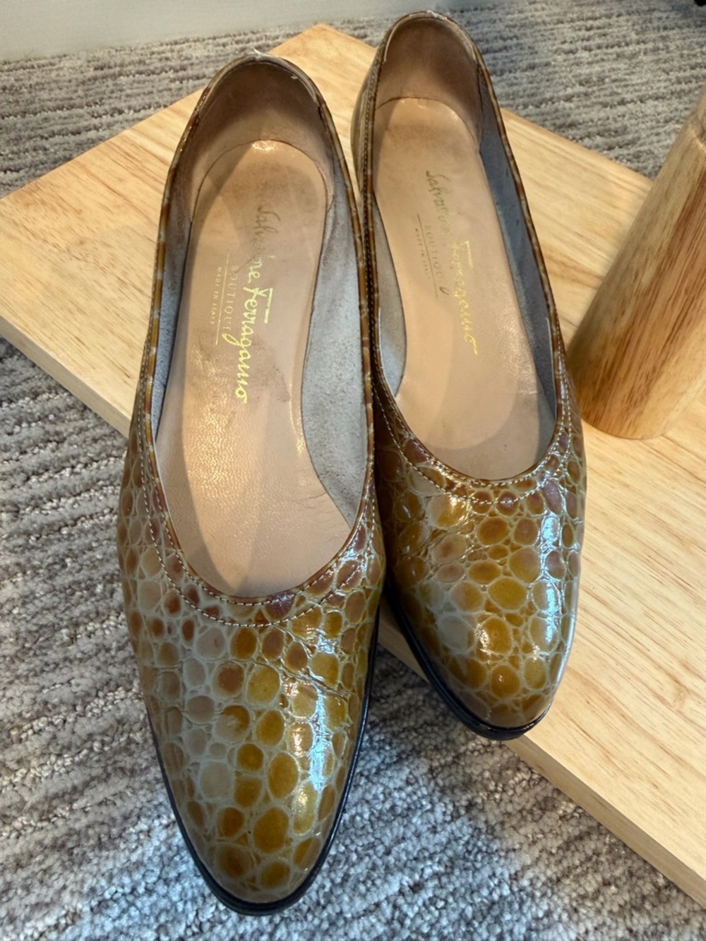 Salvatore Ferragamo Olive Croc-Embossed Patent Leather Flats